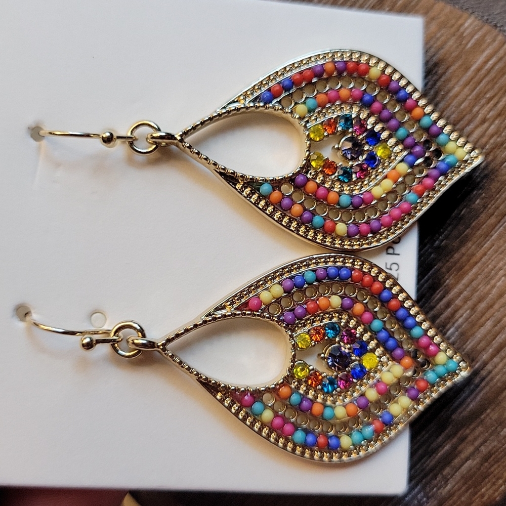 14k Gold Multicolor Beaded Chic Teardrop Dangle Earrings - Picture 2 of 5